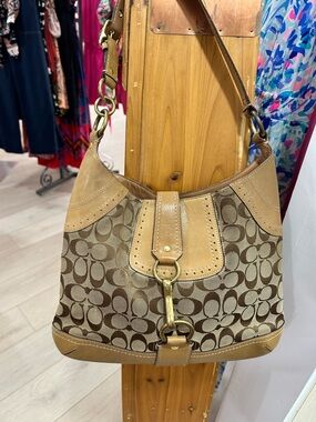 Coach Y2K Hamptons Signature Monogram Canvas & Leather Hobo Bag Tan Brown